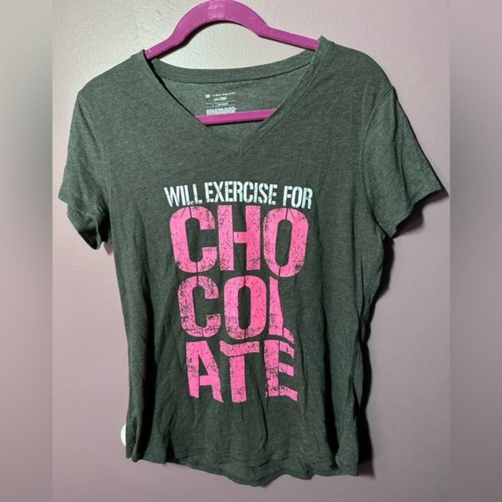 Will Exercise for Chocolate Tek Gear Dark Gray Tee with Purple Accent